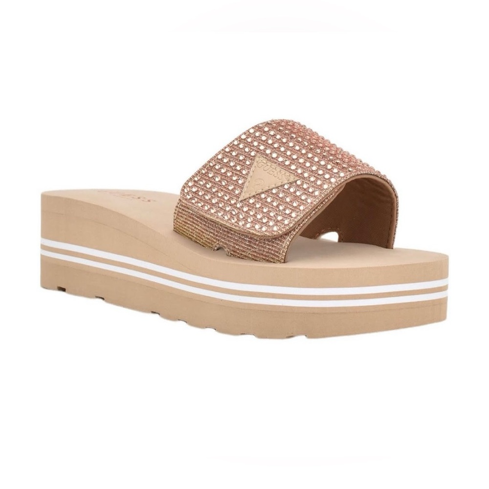 NWT ~ Guess Women’s “Abet” Rhinestone Platform Slide Sandals in Rose Gold.